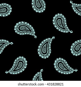 Seamless pattern of beautiful paisley cucumbers on a black background. Turkish, Indian, Persian. Vector illustration