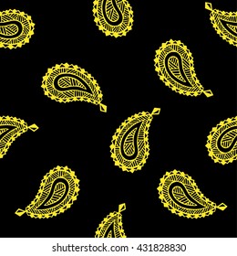 Seamless pattern of beautiful paisley cucumbers on a black background. Turkish, Indian, Persian. Vector illustration