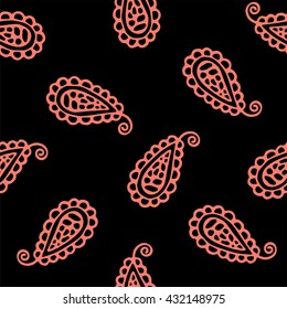 Seamless pattern of beautiful paisley cucumbers Turkish, Indian, Persian. Peach echo and black color. Vector illustration