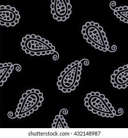 Seamless pattern of beautiful paisley cucumbers Turkish, Indian, Persian. Lilac grey and black color. Vector illustration