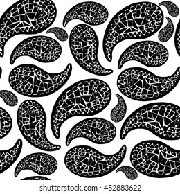 Seamless pattern of beautiful paisley cucumbers on a white background. Turkish, Indian, Persian. Isolated vector illustration. For fabric, wrapping paper, package, backgrounds, print and web projects.