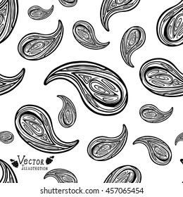 Seamless pattern of beautiful paisley cucumbers on a white background. Turkish, Indian, Persian. Isolated vector illustration. For fabric, wrapping paper, package, backgrounds, print and web projects.