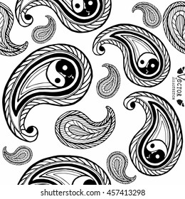 Seamless pattern of beautiful paisley cucumbers on a white background. Turkish, Indian, Persian. Isolated vector illustration. For design fabric, backgrounds, wrapping paper, package. Yin yang symbol.