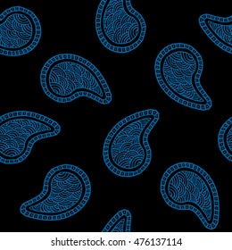 Seamless pattern of beautiful paisley cucumbers Turkish, Indian, Persian. Snorkel blue and black color. Vector illustration