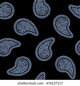 Seamless pattern of beautiful paisley cucumbers Turkish, Indian, Persian. Serenity and black color. Vector illustration