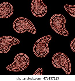 Seamless pattern of beautiful paisley cucumbers Turkish, Indian, Persian. Peach echo and black color. Vector illustration