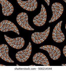 Seamless pattern of beautiful paisley cucumbers on a black background. Vector illustration