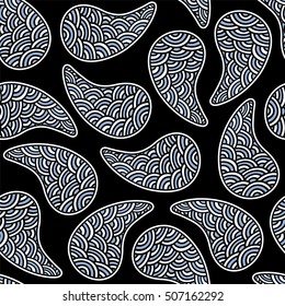 Seamless pattern of beautiful paisley cucumbers Turkish, Indian, Persian. Serenity, white and black color. Vector illustration