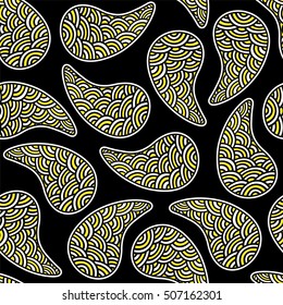 Seamless pattern of beautiful paisley cucumbers Turkish, Indian, Persian. Buttercup, white and black color. Vector illustration