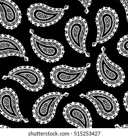 Seamless pattern of beautiful paisley cucumbers Turkish, Indian, Persian. Black and white color. Vector illustration
