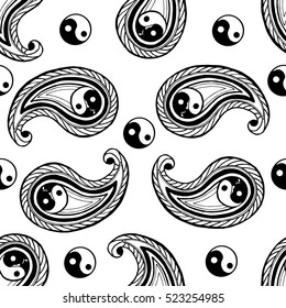 Seamless pattern of beautiful paisley cucumbers on a white background. Turkish, Indian, Persian. Isolated vector illustration. For design fabric, backgrounds, wrapping paper, package. Yin yang symbol.