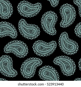 Seamless pattern of beautiful paisley cucumbers Turkish, Indian, Persian. Black and limpet shell color. Vector illustration