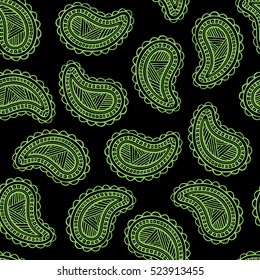 Seamless pattern of beautiful paisley cucumbers on a black background. Turkish, Indian, Persian. Vector illustration