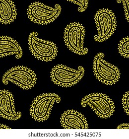 Seamless pattern of beautiful paisley cucumbers on a black background. Turkish, Indian, Persian. Vector illustration