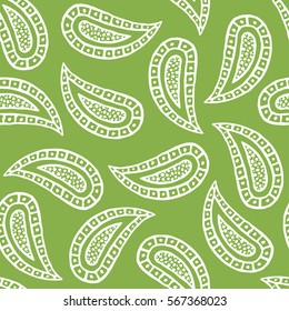 Seamless pattern of beautiful paisley cucumbers Turkish, Indian, Persian, Mexican, African. Greenery color. Vector illustration