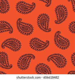 Seamless pattern of beautiful paisley cucumbers. Flame and black color. Vector illustration
