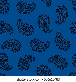 Seamless pattern of beautiful paisley cucumbers. Lapis Blue and black color. Vector illustration