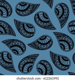 Seamless pattern of beautiful paisley cucumbers Aztec, Peruvian, Mayan, Mexican, Native American. Niagara and black color. Vector illustration