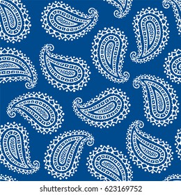 Seamless pattern of beautiful paisley cucumbers on a Lapis Blue color background. Turkish, Indian, Persian. Vector illustration