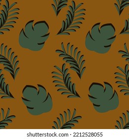 Patrón sin foco con hermosas hojas de palma sobre fondo naranja. Ilustración vectorial con hoja tropical. Imprimir para papel pintado y textiles.