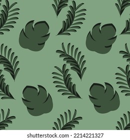 Seamless pattern with beautiful palm leaves on green background. Vector illustration with tropical leaf. Print for wallpaper and textile.