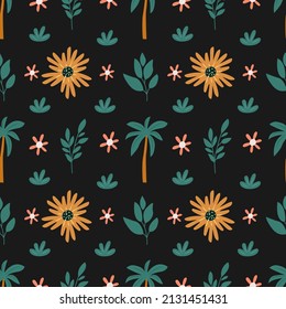 Seamless pattern with beautiful palms, leaves and flowers. Vector graphic on a black background. Hand drawing for cover design  phone cases,  t-shirt pillow prints, wrapping paper.