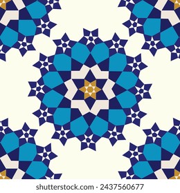 Seamless pattern. Beautiful part of ornaments in Samarkand city buildings. Blue color background.