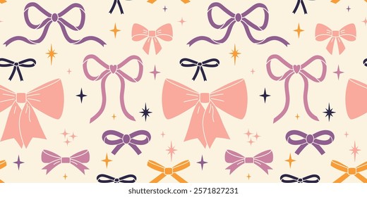 Seamless pattern with beautiful pastel ribbon bow, bowknot and stars. Coquette and balletcore aesthetic, girly accessory. Trendy modern vector illustration on light background, hand drawn, flat