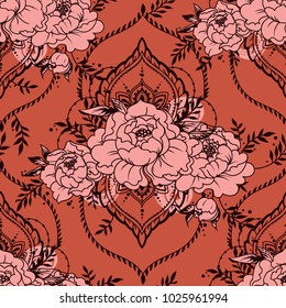seamless pattern with beautiful peonies and mehndi style deorative frames, vector illustration