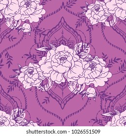 seamless pattern with beautiful peonies and mehndi style deorative frames, ultra violet background, vector illustration