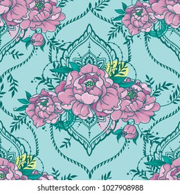 seamless pattern with beautiful peonies and mehndi style deorative frames, vector illustration