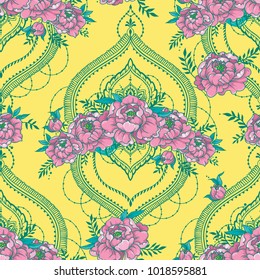 seamless pattern with beautiful peonies and mendi style decorative frames, gypsy style palette, vector illustration