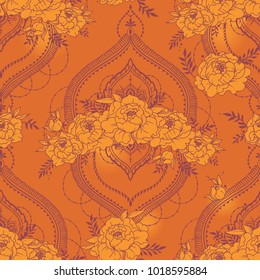 seamless pattern with beautiful peonies and mendi style decorative frames, vector illustration