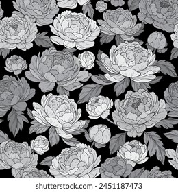 Seamless pattern with beautiful peony flowers, black monochrome color palette. Botany. Vector illustration of floral decoration for print.