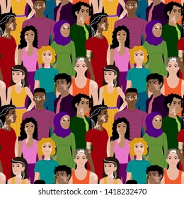 Seamless pattern with beautiful people with marks design for World Vitiligo day. Endless texture for print design with different men and women.