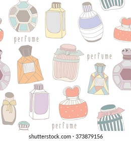 Seamless pattern with beautiful perfume bottle. Vector illustration.