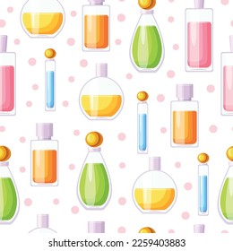 Seamless pattern with beautiful perfume bottles in cartoon style. Vector illustration of pattern with perfume for wrapping paper, gifts, textile isolated on white background.