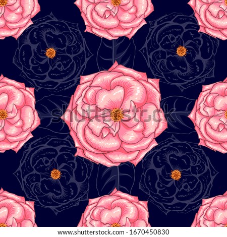 Seamless pattern beautiful ping rose flowers on abstract dark bllue background.Vector illustration hand drawing line art.