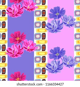 Seamless pattern with beautiful pink and blue flowers on geometric background. Flower background for textile, cover, wallpaper, gift packaging, printing.Romantic design for calico, silk.