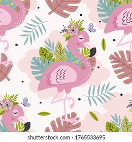 seamless pattern with beautiful pink flamingo
-  vector illustration, eps