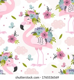 seamless pattern with beautiful pink flamingo and flowers
-  vector illustration, eps