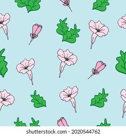 patrón ininterrumpido con flores y hojas sobre fondo azul. vector dibujado a mano. 