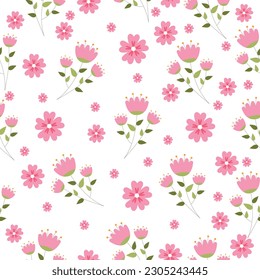 Nahtlose Muster schöner rosafarbener Blumen, zufällig auf weißem Hintergrund angeordnet. Vektorgrafik.