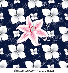 Seamless pattern beautiful pink Lilly and white hydrangea flowers blue abstract background.Vector illustration hand drawing line art.