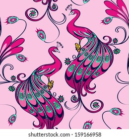Seamless pattern of beautiful pink magic peacocks