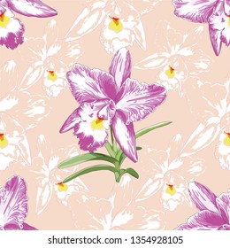 Seamless pattern beautiful pink Orchid flowers on pink pastel color background.Vector illustration hand drawing.