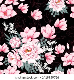 Seamless pattern beautiful pink Paeonia vintage,magnolia flowers on isolated black background.Vector illustration hand drawing watercolor style.