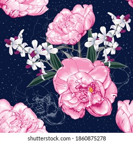 Patrón sin brillo bello color rosa Paeonia y flores Orquídeas blancas fondo abstracto.Ilustración vectorial estilo acuarela.