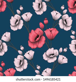 Seamless pattern beautiful pink pastel Poppy flowers on isolated dark blue background.Vector illustration hand drawing dry watercolor style.For textile fabric design