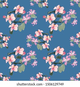 Seamless pattern beautiful pink pastel Hibiscus flowers on blue color isolated background.Vector illustration hand drawing dry watercolor style line art for fabric textile design